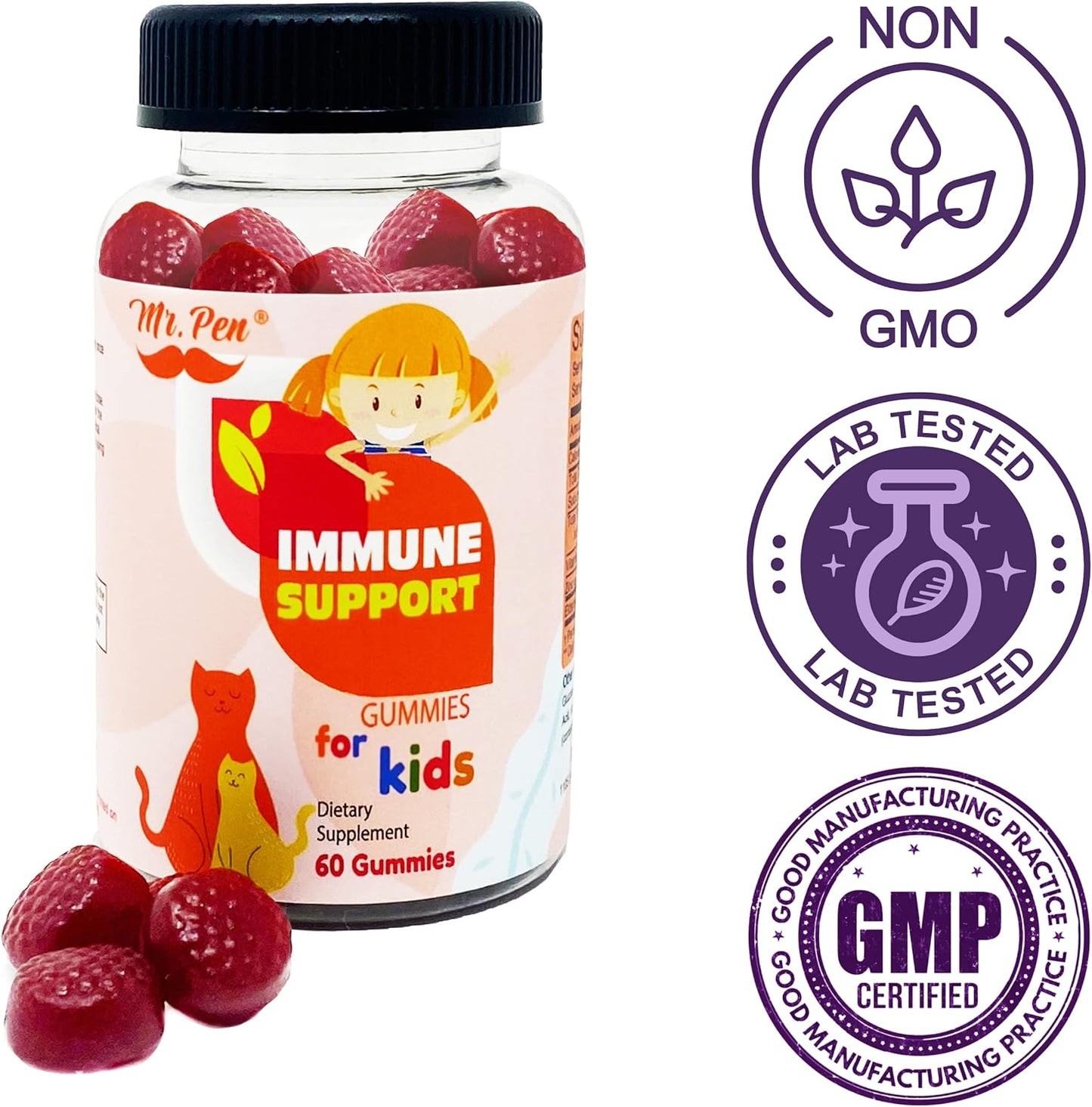 60-Count Mr. Pen Elderberry Vitamin C Zinc Gummies for Kids - 2 Month Supply | Immune Support Gummies for 4+ Years - Low Sugar, Non-GMO, Vegan, Gluten Free