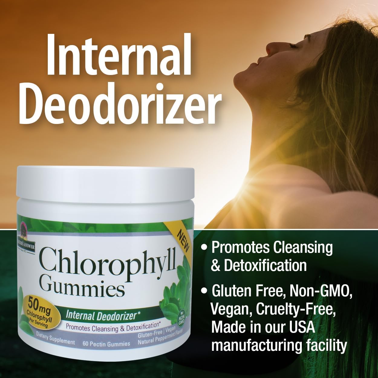 60 Count Nature's Answer Chlorophyll Gummies for Internal Deodorant, Skin & Hair Support, and Immune Support - Gelatin Free and Non GMO