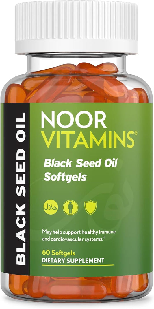 60 Count Noor Vitamins Halal Black Seed Oil Capsules - 1000 mg Nigella Sativa Oil with Thymoquinone - Non-GMO & Gluten Free - Halal Vitamins