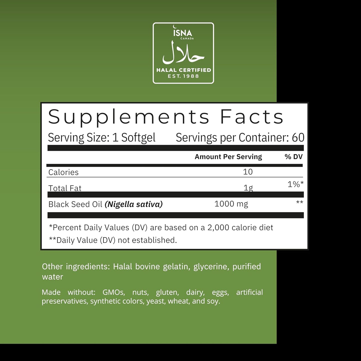 60 Count Noor Vitamins Halal Black Seed Oil Capsules - 1000 mg Nigella Sativa Oil with Thymoquinone - Non-GMO & Gluten Free - Halal Vitamins