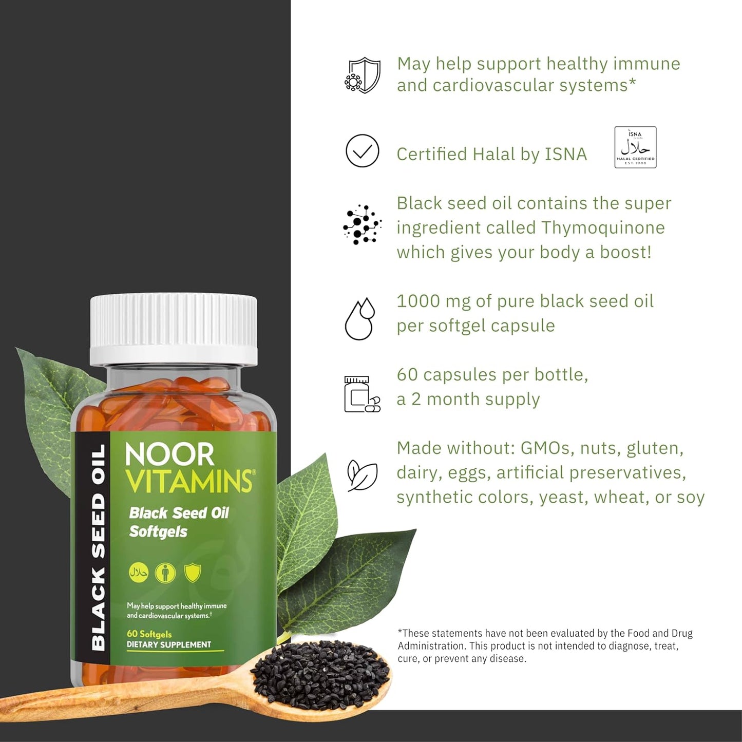 60 Count Noor Vitamins Halal Black Seed Oil Capsules - 1000 mg Nigella Sativa Oil with Thymoquinone - Non-GMO & Gluten Free - Halal Vitamins