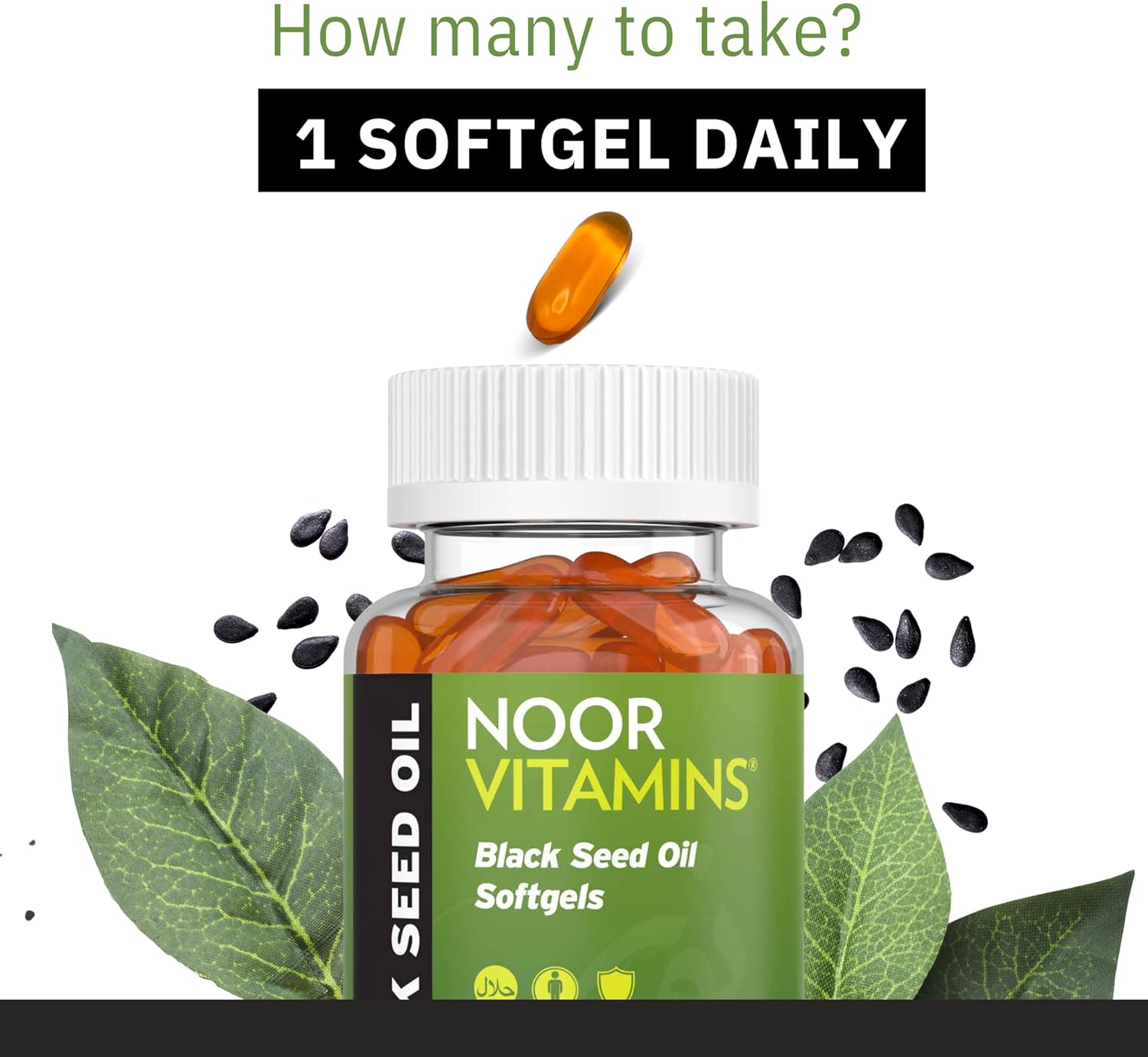 60 Count Noor Vitamins Halal Black Seed Oil Capsules - 1000 mg Nigella Sativa Oil with Thymoquinone - Non-GMO & Gluten Free - Halal Vitamins