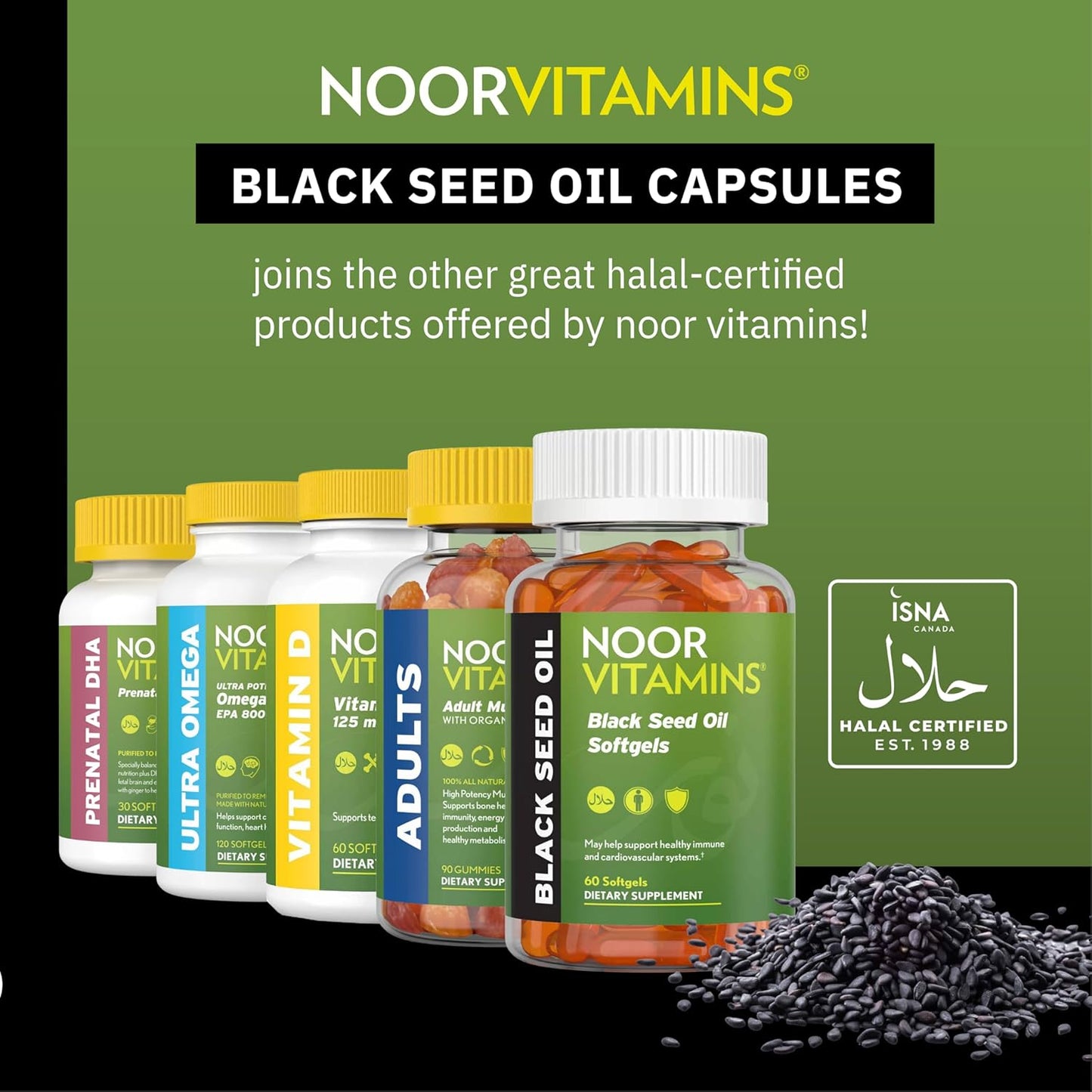 60 Count Noor Vitamins Halal Black Seed Oil Capsules - 1000 mg Nigella Sativa Oil with Thymoquinone - Non-GMO & Gluten Free - Halal Vitamins