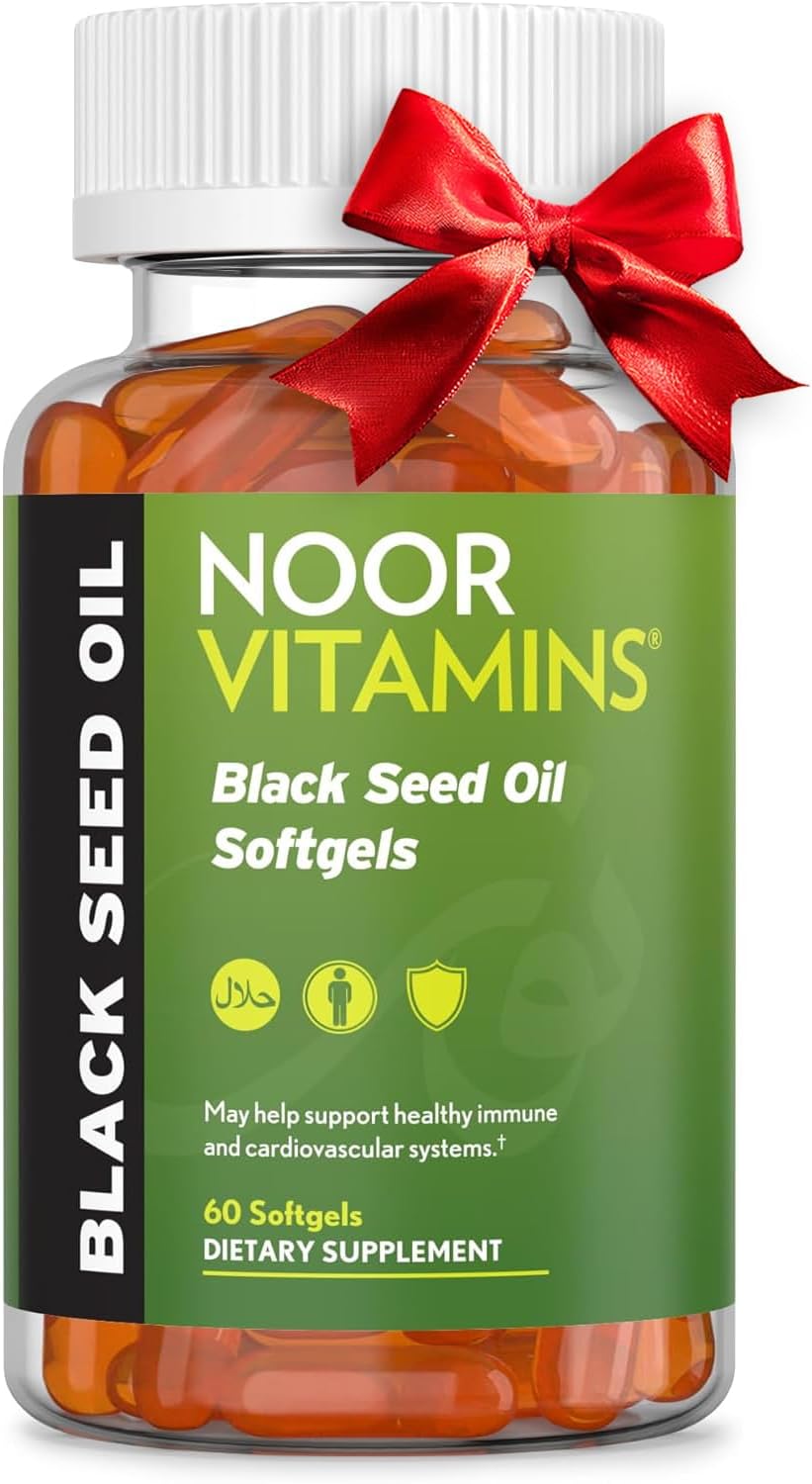 60 Count Noor Vitamins Halal Black Seed Oil Capsules - 1000 mg Nigella Sativa Oil with Thymoquinone - Non-GMO & Gluten Free - Halal Vitamins