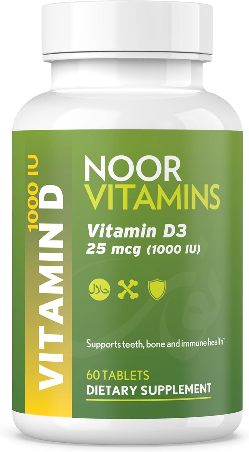 60 Count Noor Vitamins Halal Vitamin D & D3 Tablets - 1000 IU for Bone, Immune, & Heart Health - Non-GMO & Gluten Free