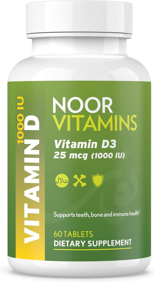 60 Count Noor Vitamins Halal Vitamin D & D3 Tablets - 1000 IU for Bone, Immune, & Heart Health - Non-GMO & Gluten Free