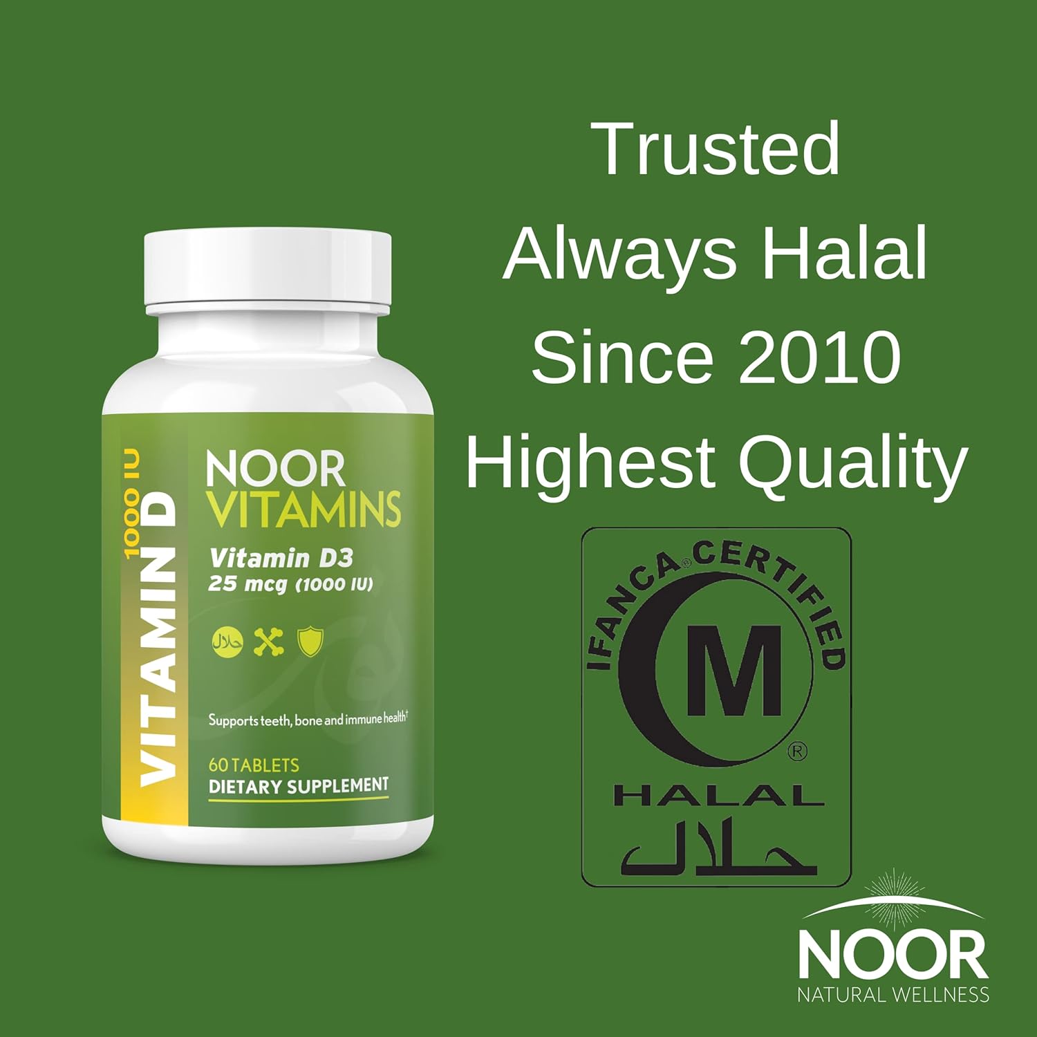 60 Count Noor Vitamins Halal Vitamin D & D3 Tablets - 1000 IU for Bone, Immune, & Heart Health - Non-GMO & Gluten Free