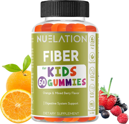 60 Count NUELATION Fiber Gummies for Kids - Vegetarian & Gluten-Free Fiber Supplement - Supports Digestion, Bowel Movement, & Immune Health - Prebiotic Fiber