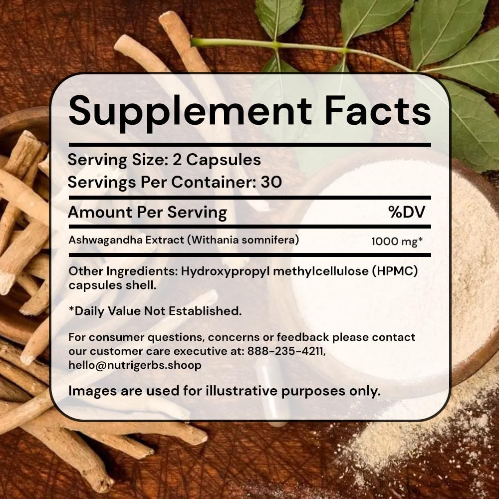 60 Count Nutriherbs Ashwagandha Root Extract Capsules for Stress Relief and Immune Support