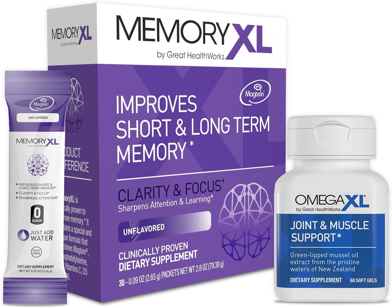 60 Count OmegaXL Joint Support Supplement with Green Lipped Mussel Oil for Natural Muscle Relief & 30 Pack MemoryXL Brain Supplement for Memory and Focus with Magnesium L-Threonate