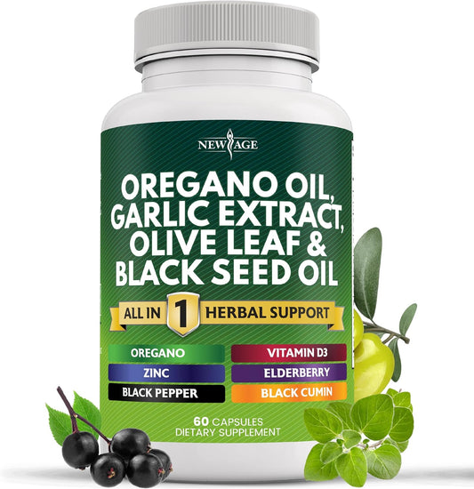 60 Count Oregano Oil Garlic Extract Olive Leaf with Astragalus Supplement for Women and Men - New Age Formula