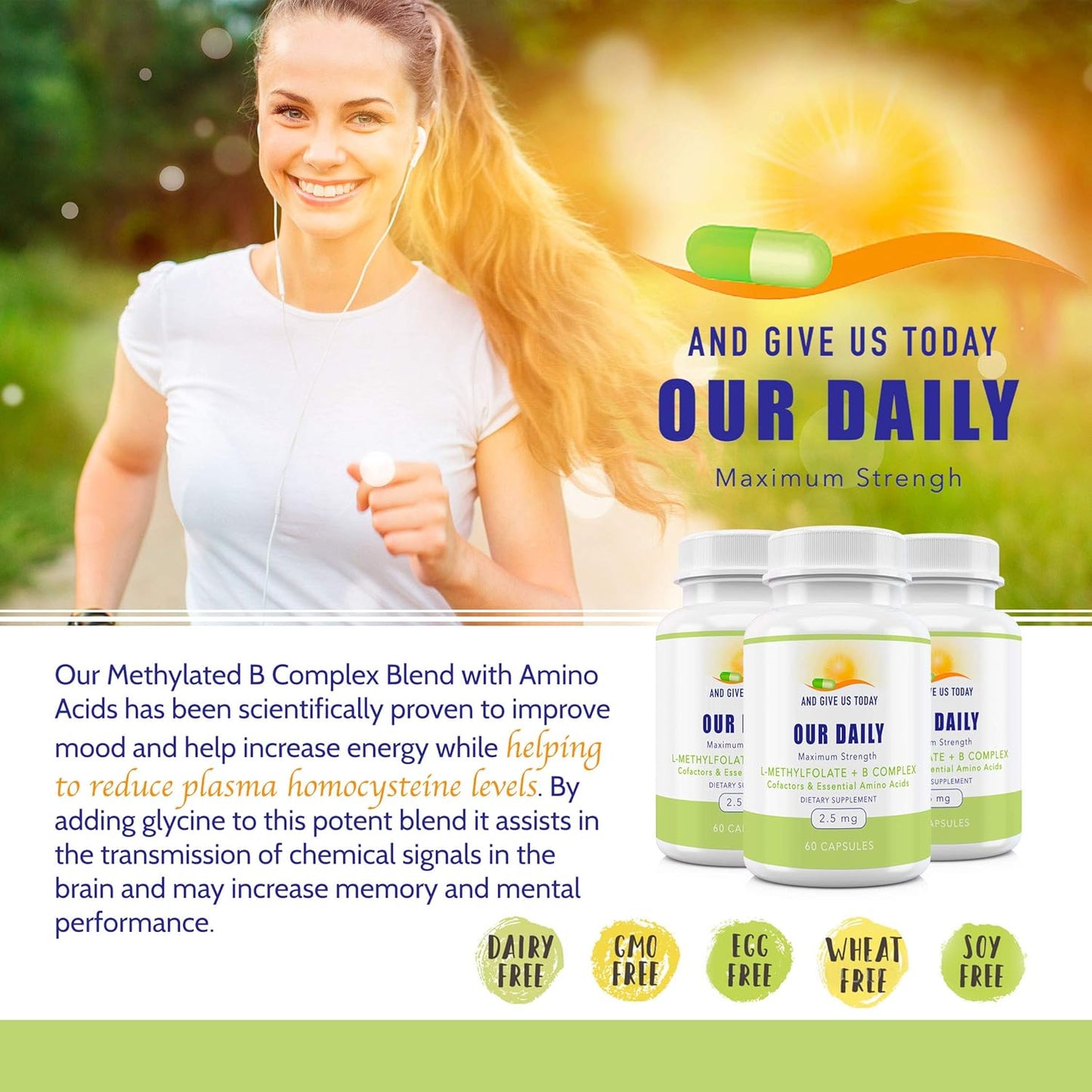 60 Count Our Daily Vites L-Methylfolate B Complex with Essential Amino Acids - Active Folate, Methylated B12, B6, & Glycine - 2.5mg