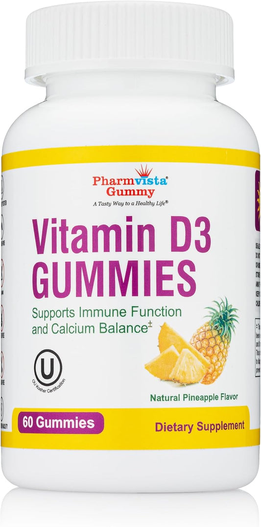 60 Count Pharmvista Vitamin D3 Gummies - Gluten-Free Pineapple Flavored Gummy Vitamins