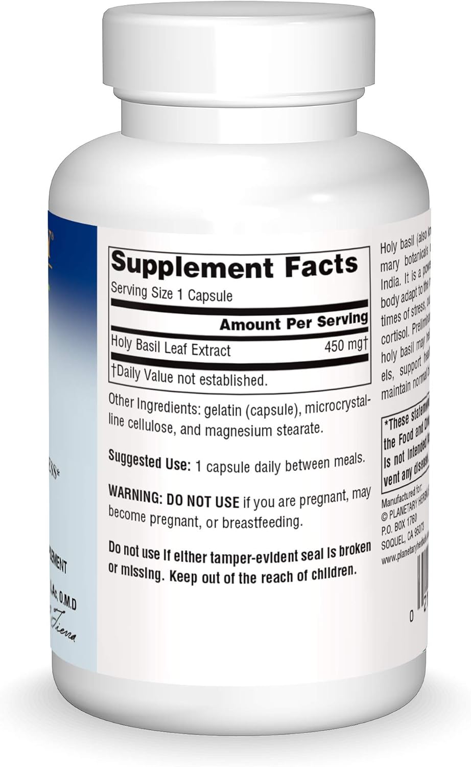 60 Count Planetary Herbals Holy Basil Capsules for Stress Relief and Immune Support