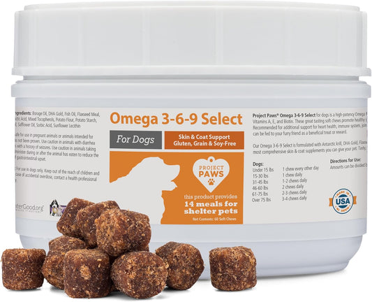 60 Count Project Paws Omega 3-6-9 Select Fish Oil for Dogs with Krill Oil Skin and Coat Supplement