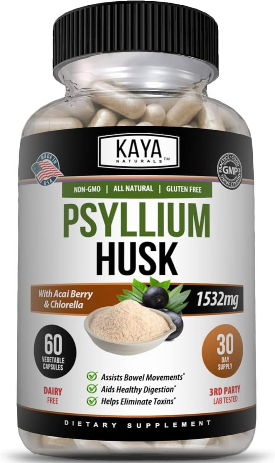 60 Count Psyllium Husk Capsules by Kaya Naturals | High Fiber Supplement for Digestive Health & Regularity | Gluten-Free, Non-GMO
