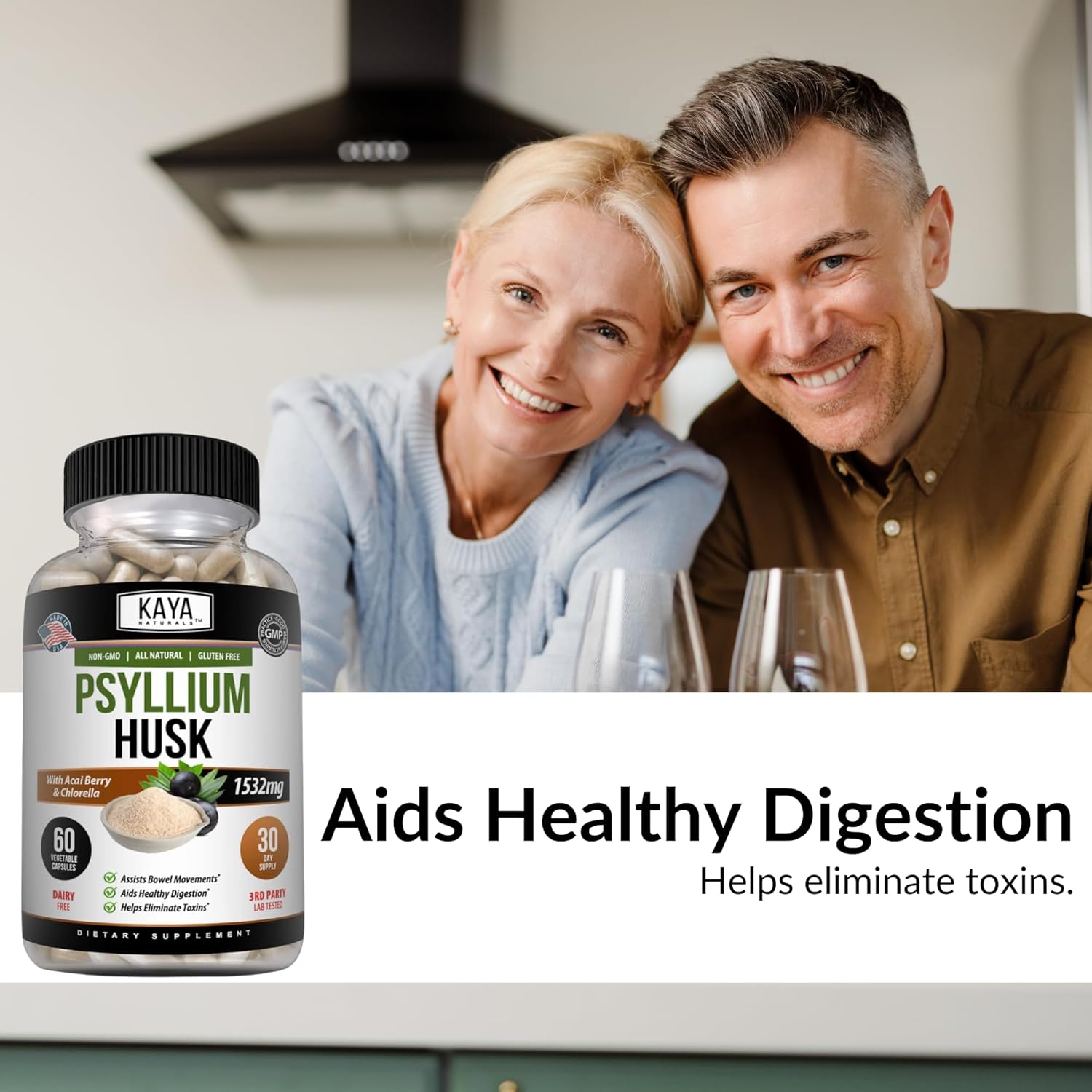 60 Count Psyllium Husk Capsules by Kaya Naturals | High Fiber Supplement for Digestive Health & Regularity | Gluten-Free, Non-GMO