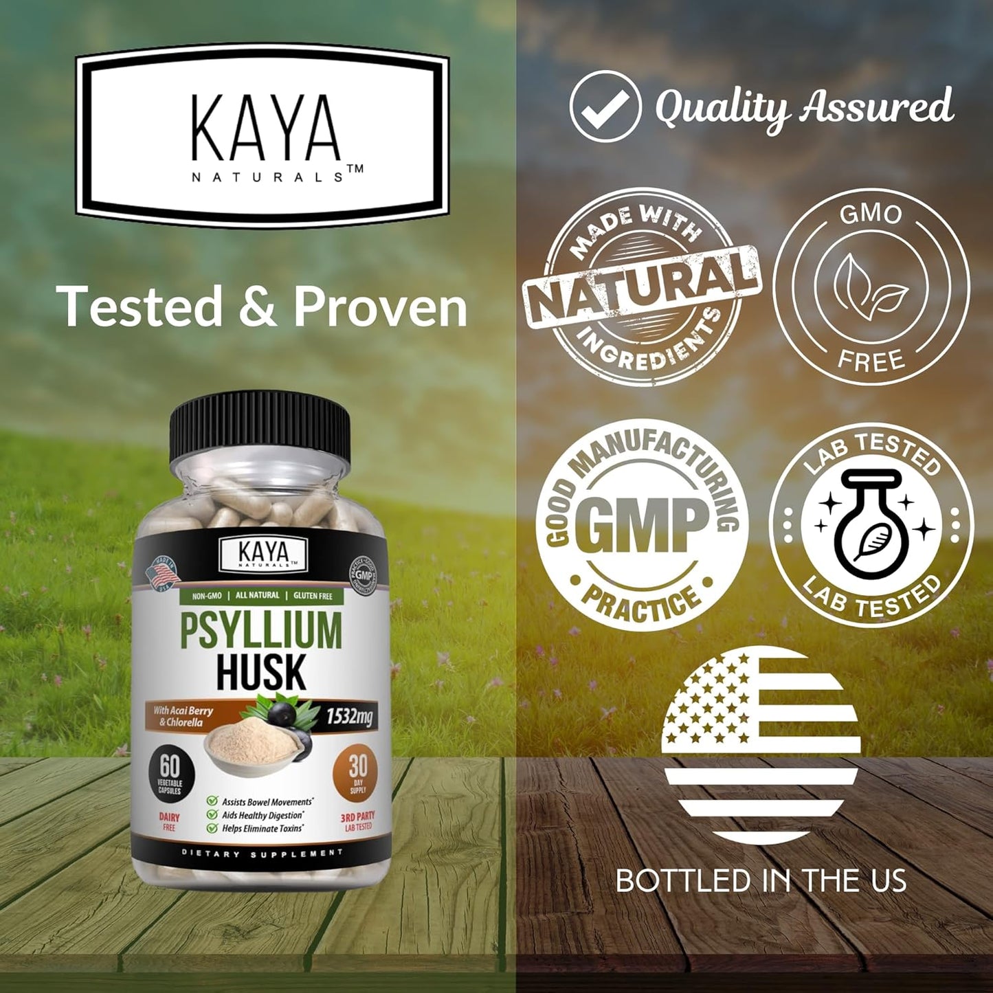 60 Count Psyllium Husk Capsules by Kaya Naturals | High Fiber Supplement for Digestive Health & Regularity | Gluten-Free, Non-GMO