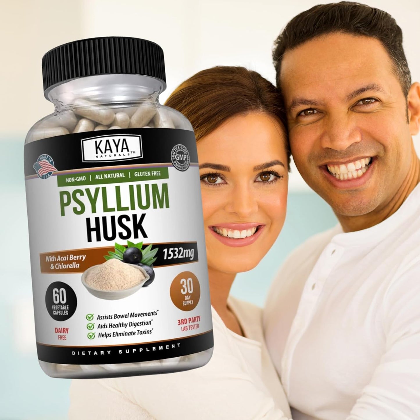 60 Count Psyllium Husk Capsules by Kaya Naturals | High Fiber Supplement for Digestive Health & Regularity | Gluten-Free, Non-GMO