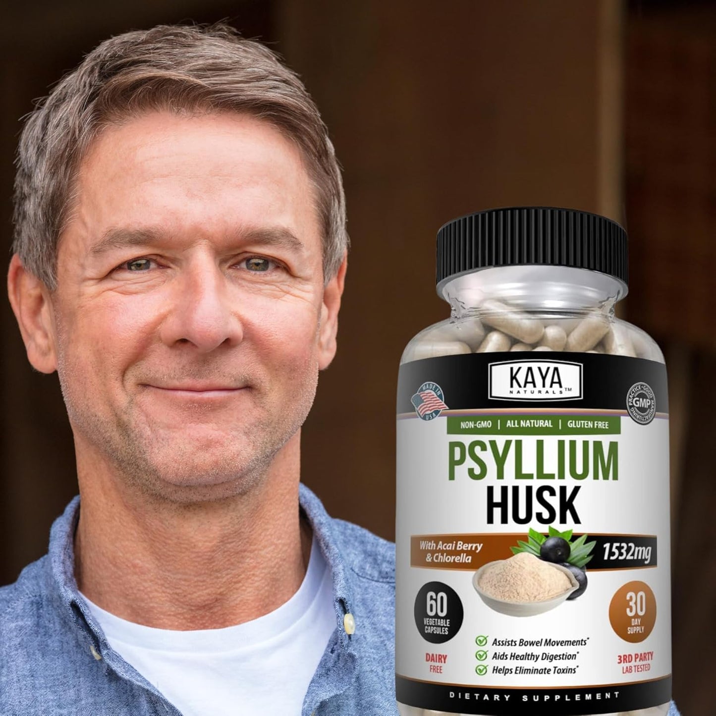 60 Count Psyllium Husk Capsules by Kaya Naturals | High Fiber Supplement for Digestive Health & Regularity | Gluten-Free, Non-GMO