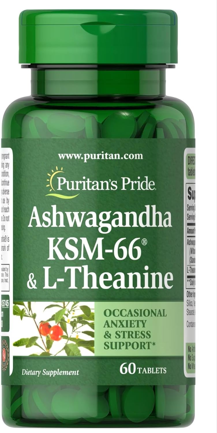 60 Count Puritan's Pride Ashwagandha KSM-66 & L-Theanine Capsules for Occasional Stress and Anxiety Relief
