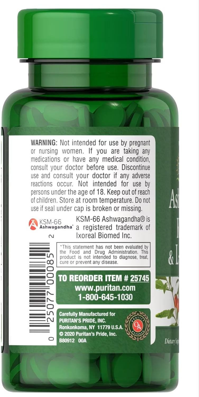 60 Count Puritan's Pride Ashwagandha KSM-66 & L-Theanine Capsules for Occasional Stress and Anxiety Relief