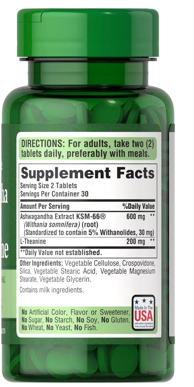 60 Count Puritan's Pride Ashwagandha KSM-66 & L-Theanine Capsules for Occasional Stress and Anxiety Relief