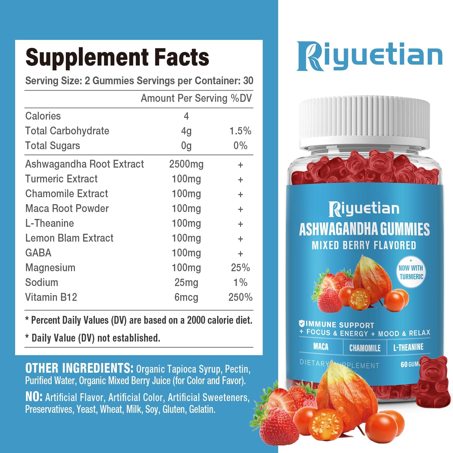 60 Count Riyuetian Ashwagandha Gummies for Stress Relief, Immune Support, & Energy - Men & Women - Natural Strawberry Flavor - Ashwagandha Supplements