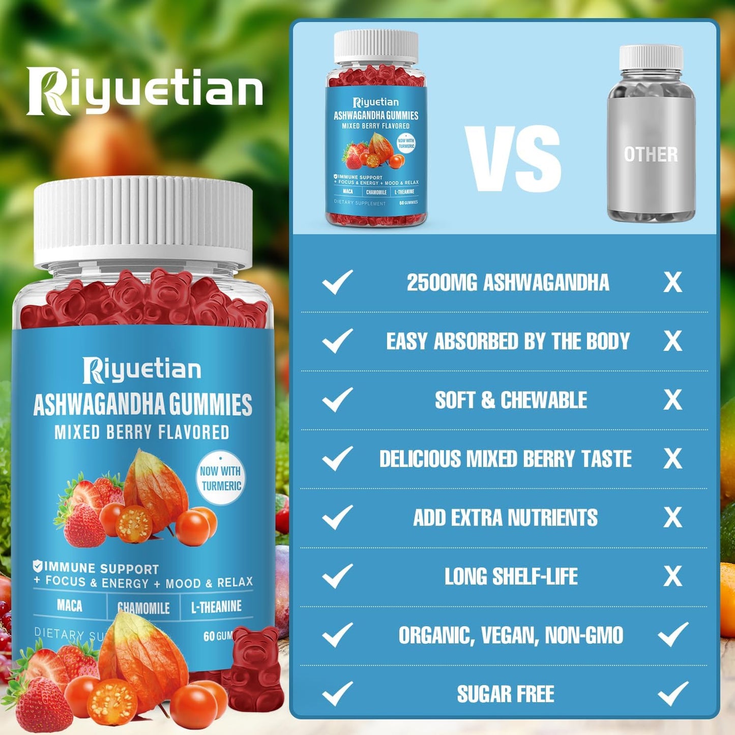 60 Count Riyuetian Ashwagandha Gummies for Stress Relief, Immune Support, & Energy - Men & Women - Natural Strawberry Flavor - Ashwagandha Supplements