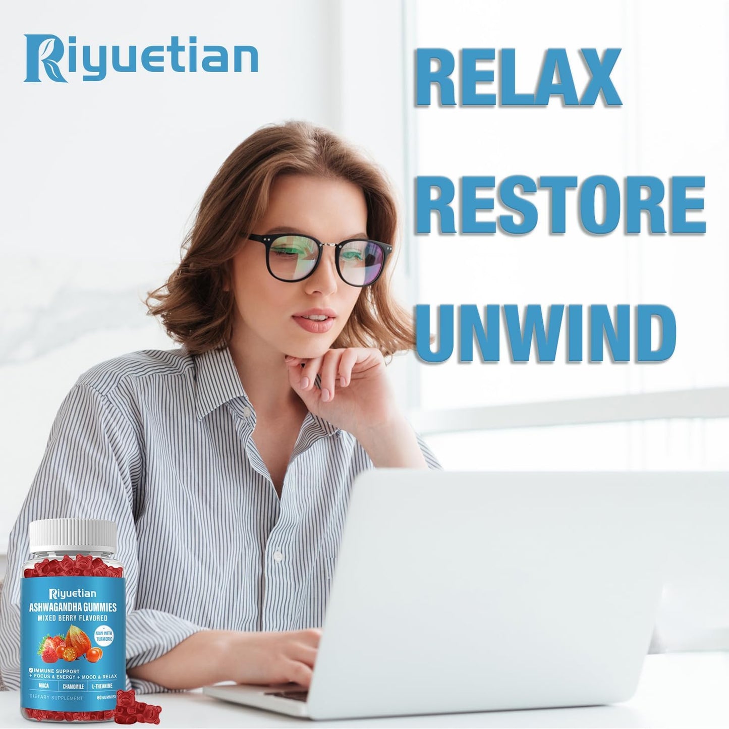 60 Count Riyuetian Ashwagandha Gummies for Stress Relief, Immune Support, & Energy - Men & Women - Natural Strawberry Flavor - Ashwagandha Supplements