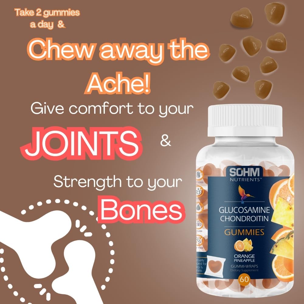 60 Count SOHM Glucosamine and Chondroitin Gummies for Joint and Bone Health - Pineapple and Orange Flavored, Individually Wrapped, Vegetarian Formula for Men and Women
