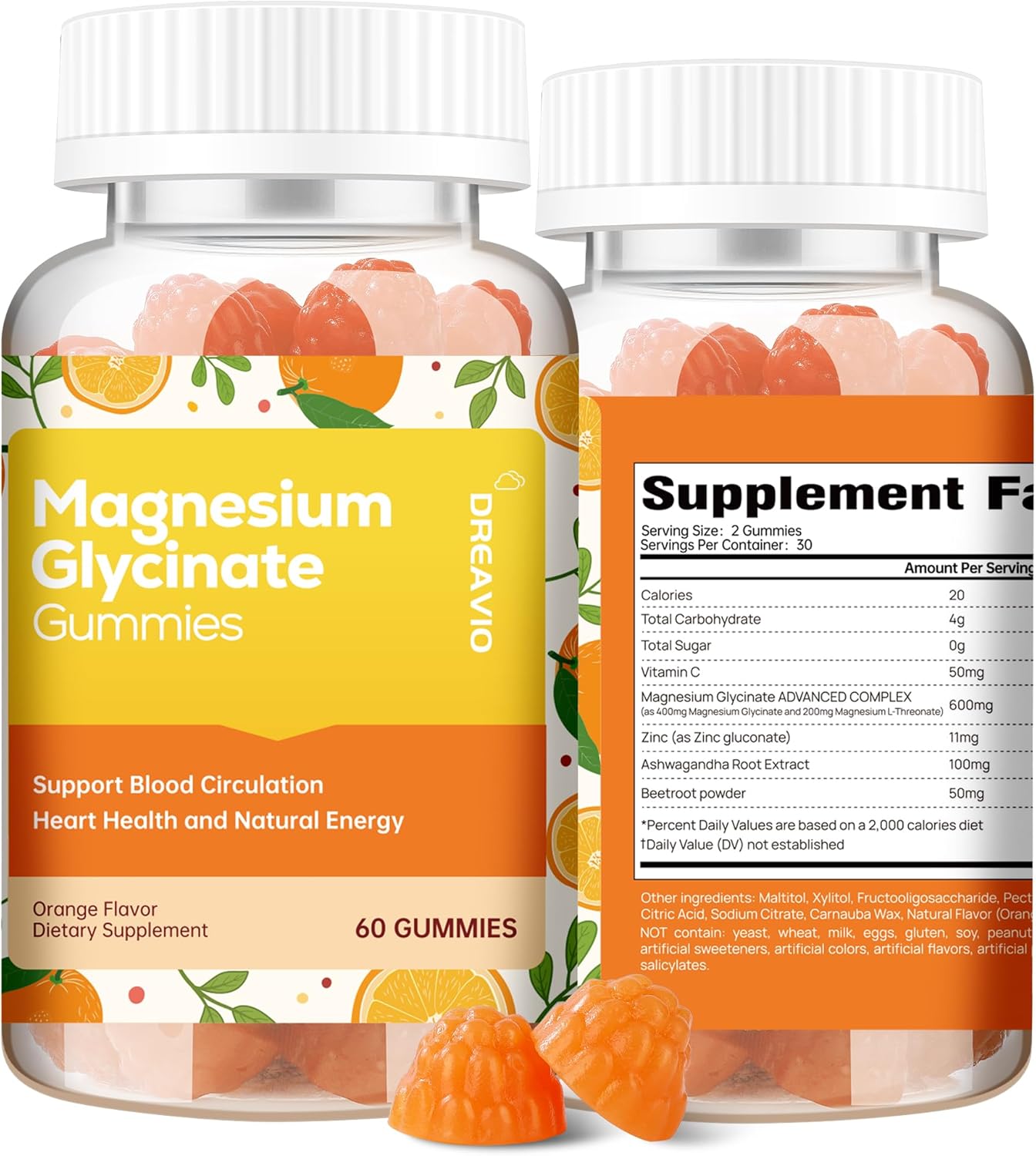 60 Count Sugar-Free Magnesium Glycinate Gummies with Ashwagandha - 400mg Supplement for Adults - Zinc Magnesium Glycinate & Ashwagandha
