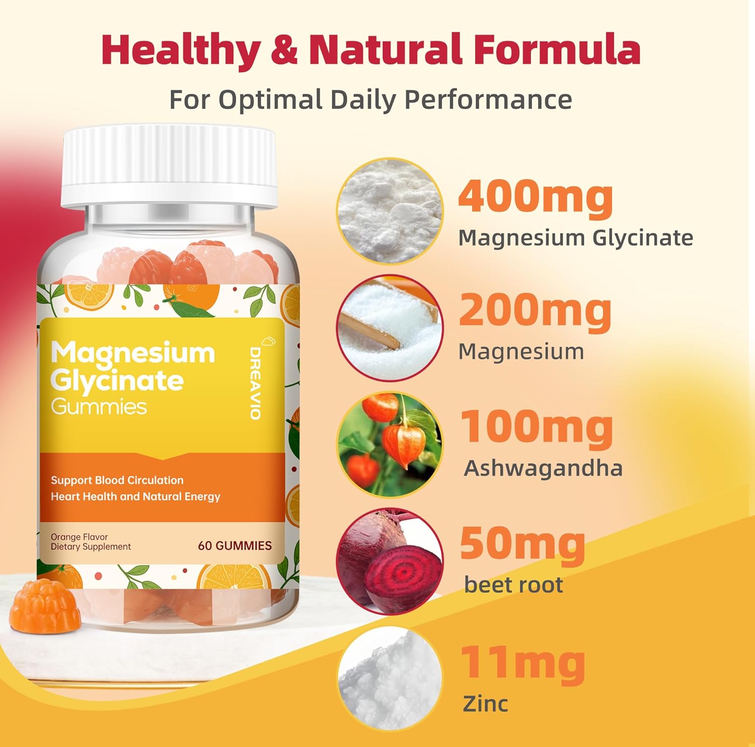 60 Count Sugar-Free Magnesium Glycinate Gummies with Ashwagandha - 400mg Supplement for Adults - Zinc Magnesium Glycinate & Ashwagandha