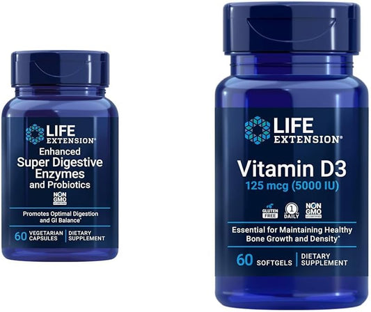 60-Count Super Digestive Enzymes & 5000 IU Vitamin D3 Capsules for Optimal Digestion, Bone Health, Brain Function, and Immune Support