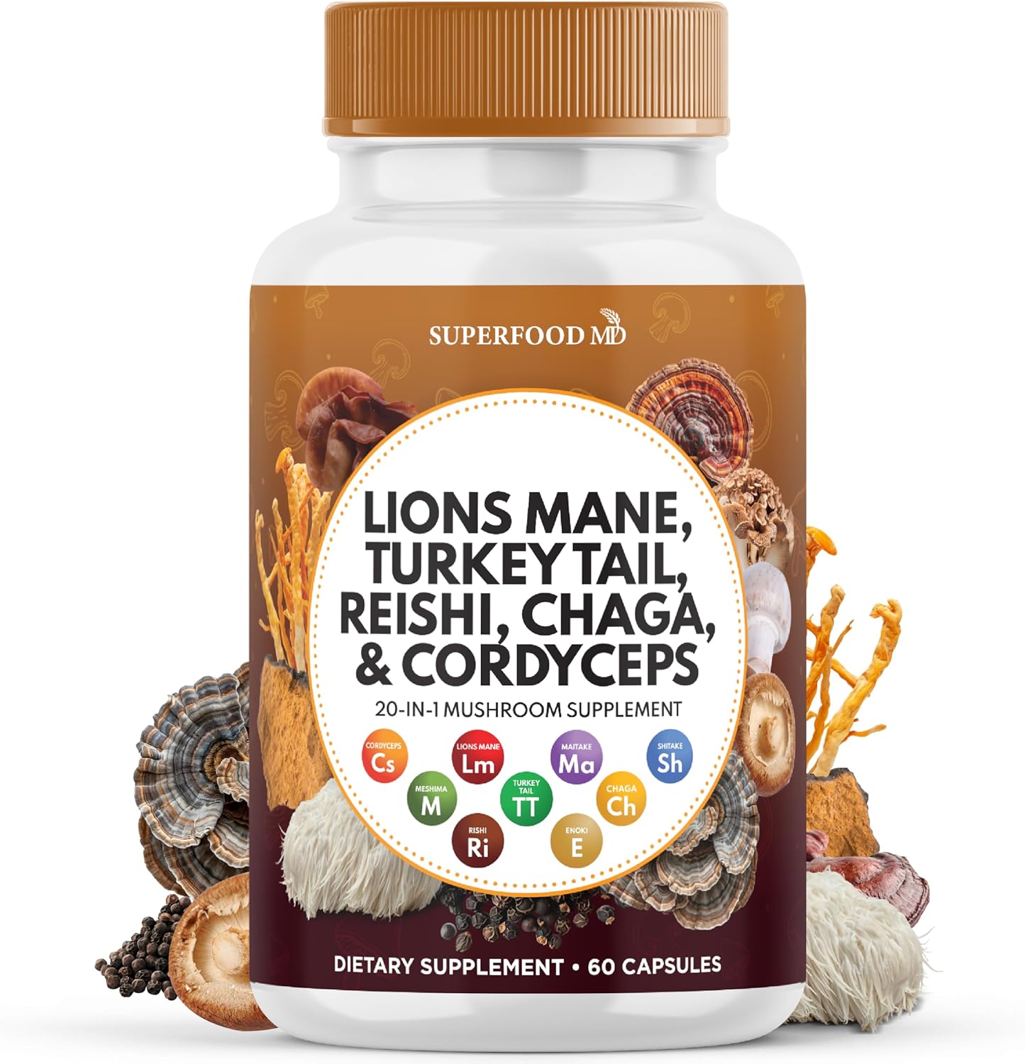60 Count Superfood MD Lions Mane Mushroom Supplement with Turkey Tail, Reishi, Cordyceps, Chaga, and Marshmallow Root