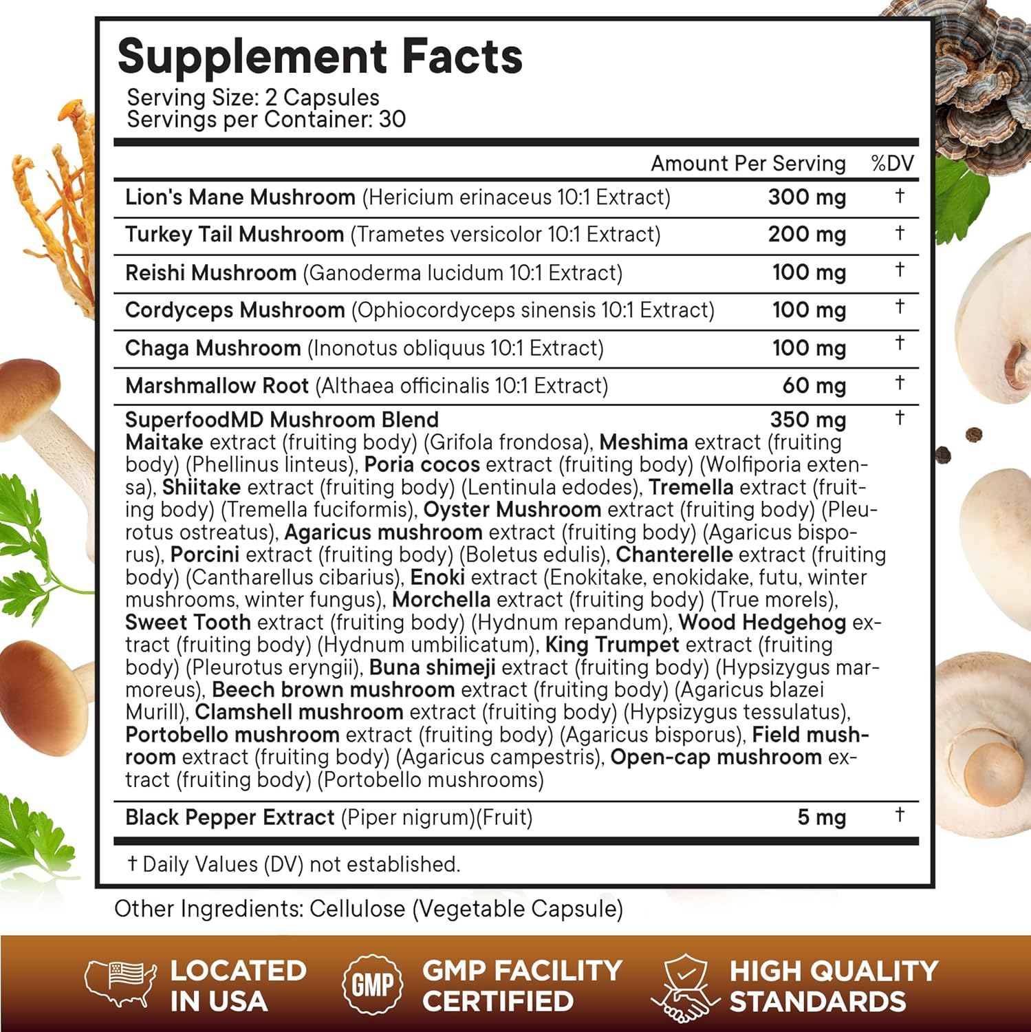 60 Count Superfood MD Lions Mane Mushroom Supplement with Turkey Tail, Reishi, Cordyceps, Chaga, and Marshmallow Root