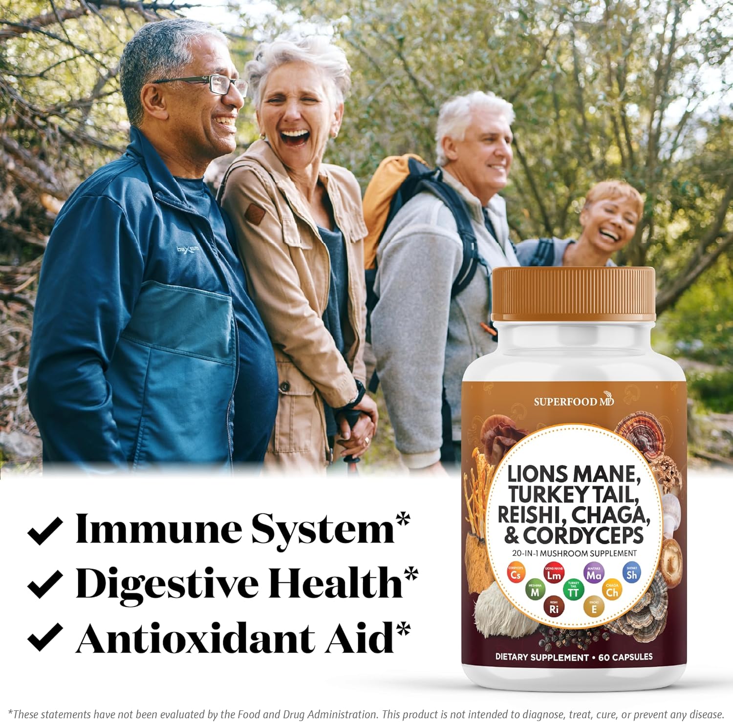 60 Count Superfood MD Lions Mane Mushroom Supplement with Turkey Tail, Reishi, Cordyceps, Chaga, and Marshmallow Root