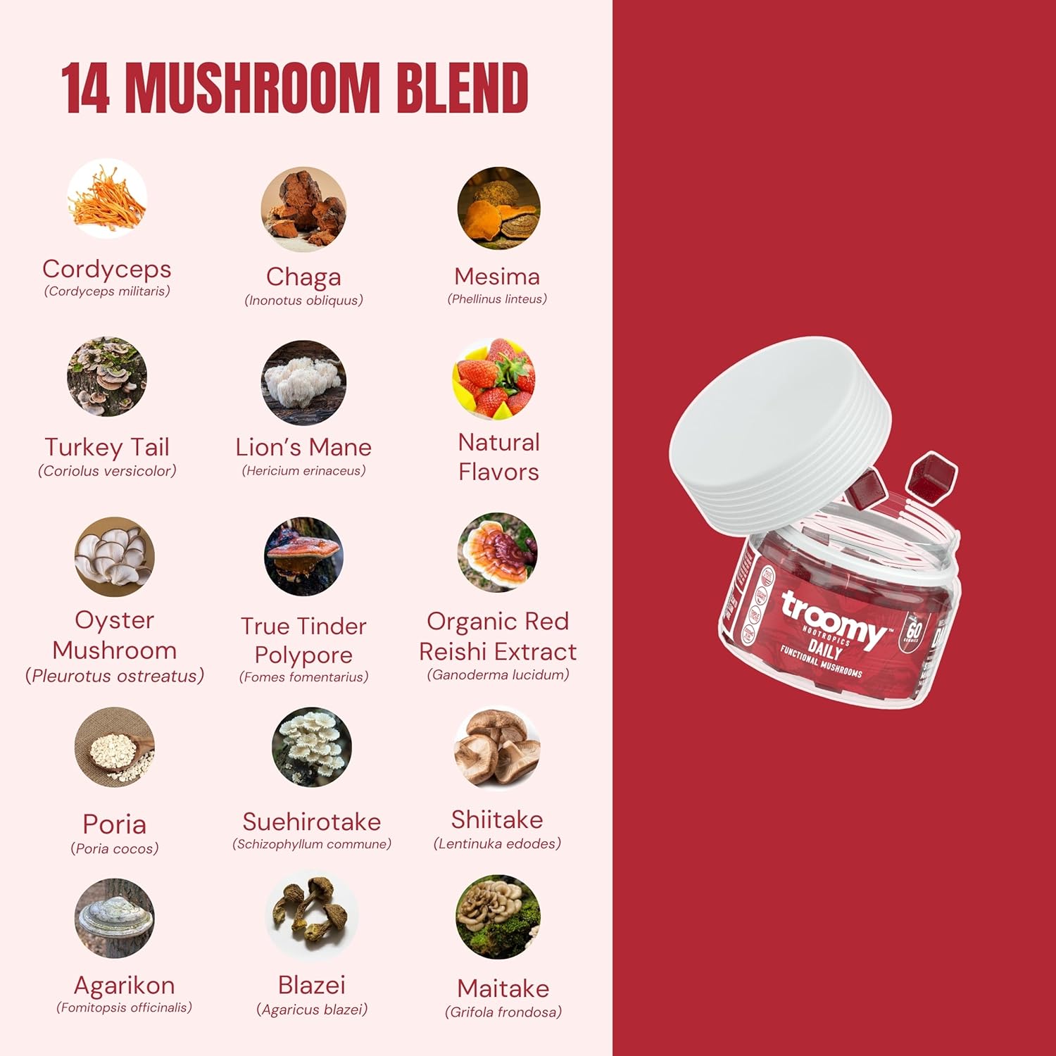 60-Count Troomy Daily Mushroom Blend Gummies: Mango Strawberry Flavor, Vegetarian, Gelatin-Free, Gluten-Free