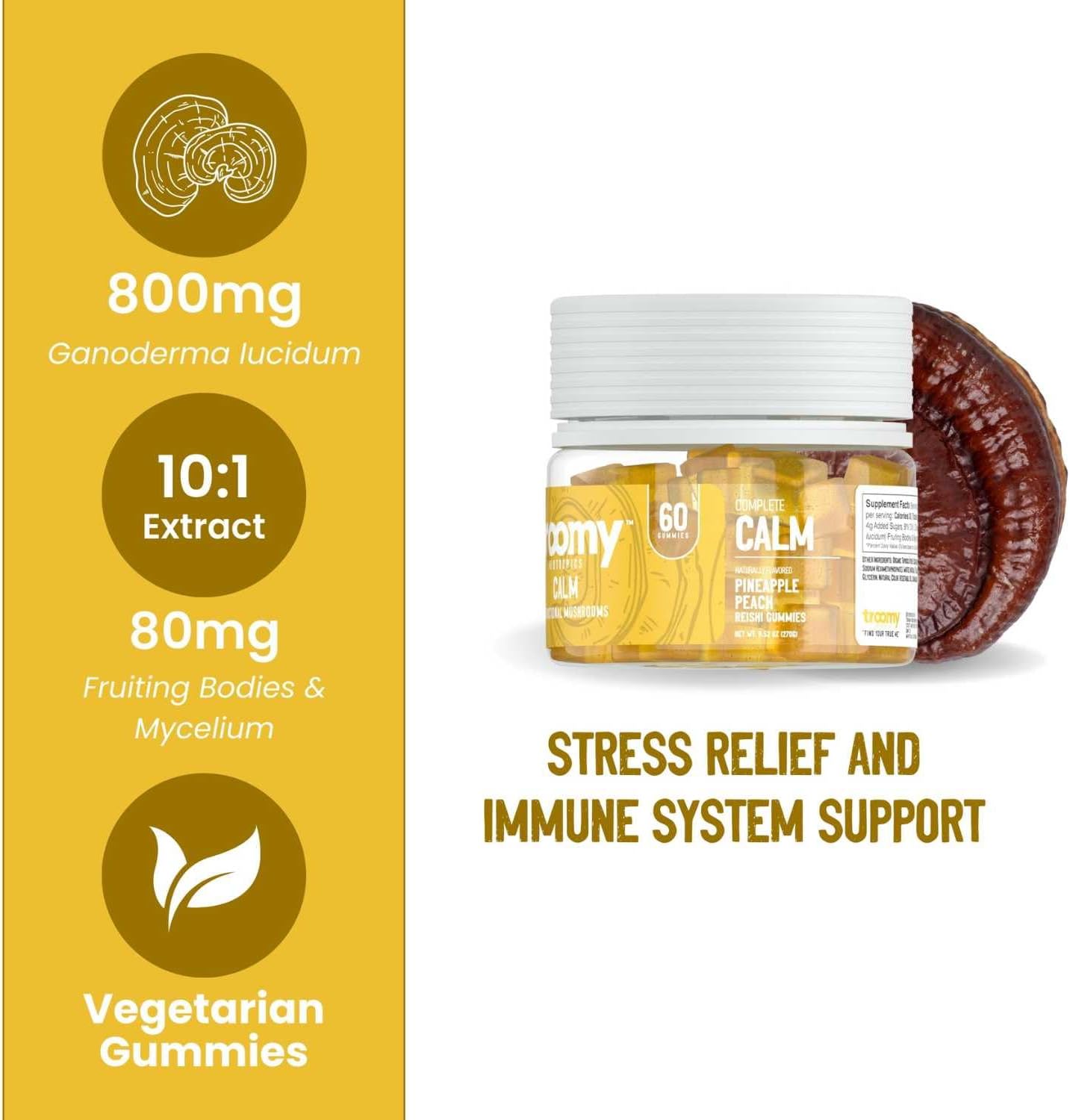 60 Count Troomy Nootropics Reishi Calm Gummies with Natural Pineapple Peach Flavor - Gelatin-Free, Gluten-Free, Vegetarian