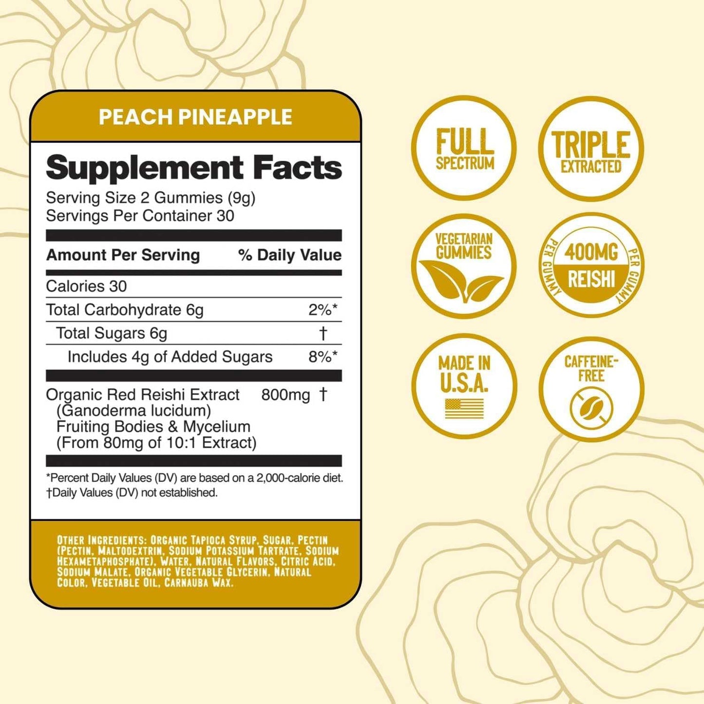 60 Count Troomy Nootropics Reishi Calm Gummies with Natural Pineapple Peach Flavor - Gelatin-Free, Gluten-Free, Vegetarian