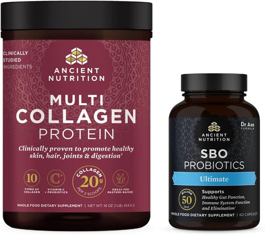 60 Count Ultimate Probiotics Capsules with Multi Collagen Protein Powder, Unflavored - Boost Gut Health & Collagen Production with Ancient Nutrition's SBO Formula