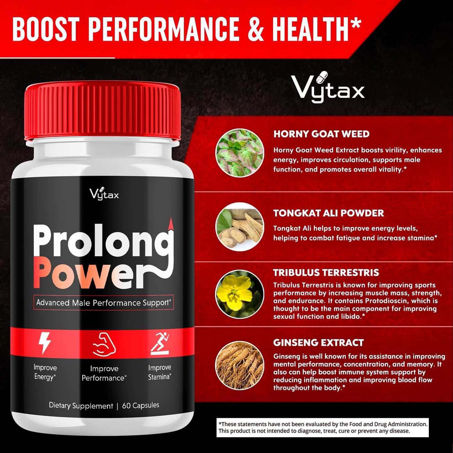 60 Count Vytax Prolong Power Pills Supplement for Men - Advanced Maximum Strength Vitamin Formula for Peak Performance Energy and All Natural Health Support