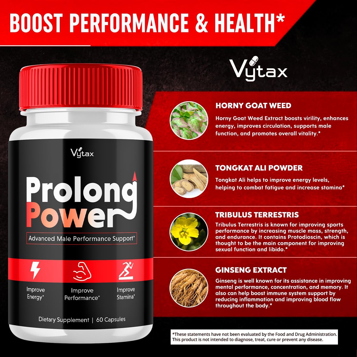 60 Count Vytax Prolong Power Pills Supplement for Men - Advanced Maximum Strength Vitamin Formula for Peak Performance Energy and All Natural Health Support