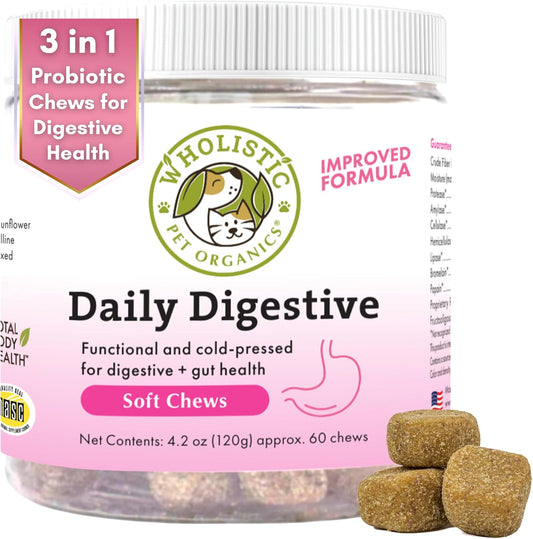 60 Count Wholistic Pet Organics Probiotic Chews for Dogs - Digestive Health Support with Dog Probiotics and Digestive Enzymes - Immune Supplement to Prevent Digestive Problems