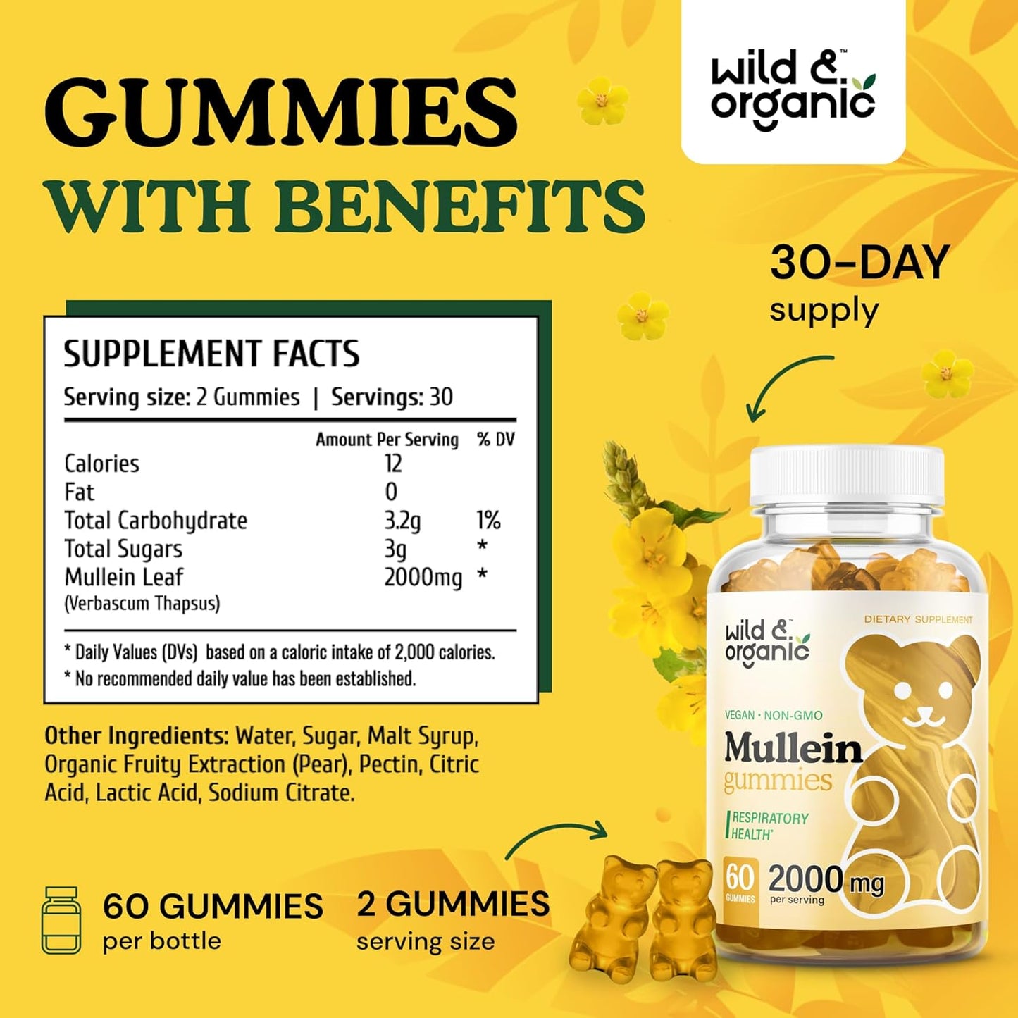 60 Count Wild and Organic Mullein Gummies for Lung Detoxification