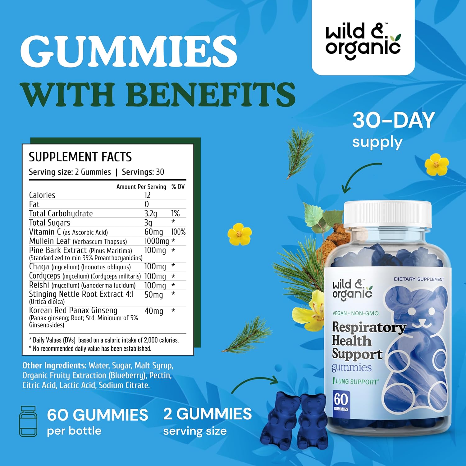60 Count Wild and Organic Mullein Gummies for Lung Detoxification