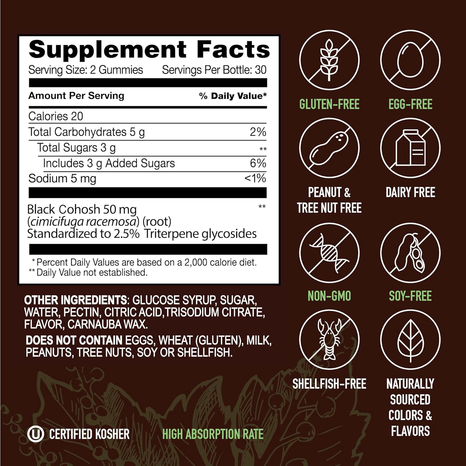 60 Count YUM-V'S Strong Earth Black Cohosh Root Gummies for Menopause Relief - Natural Extract Supplement for Night Sweats & Hot Flashes