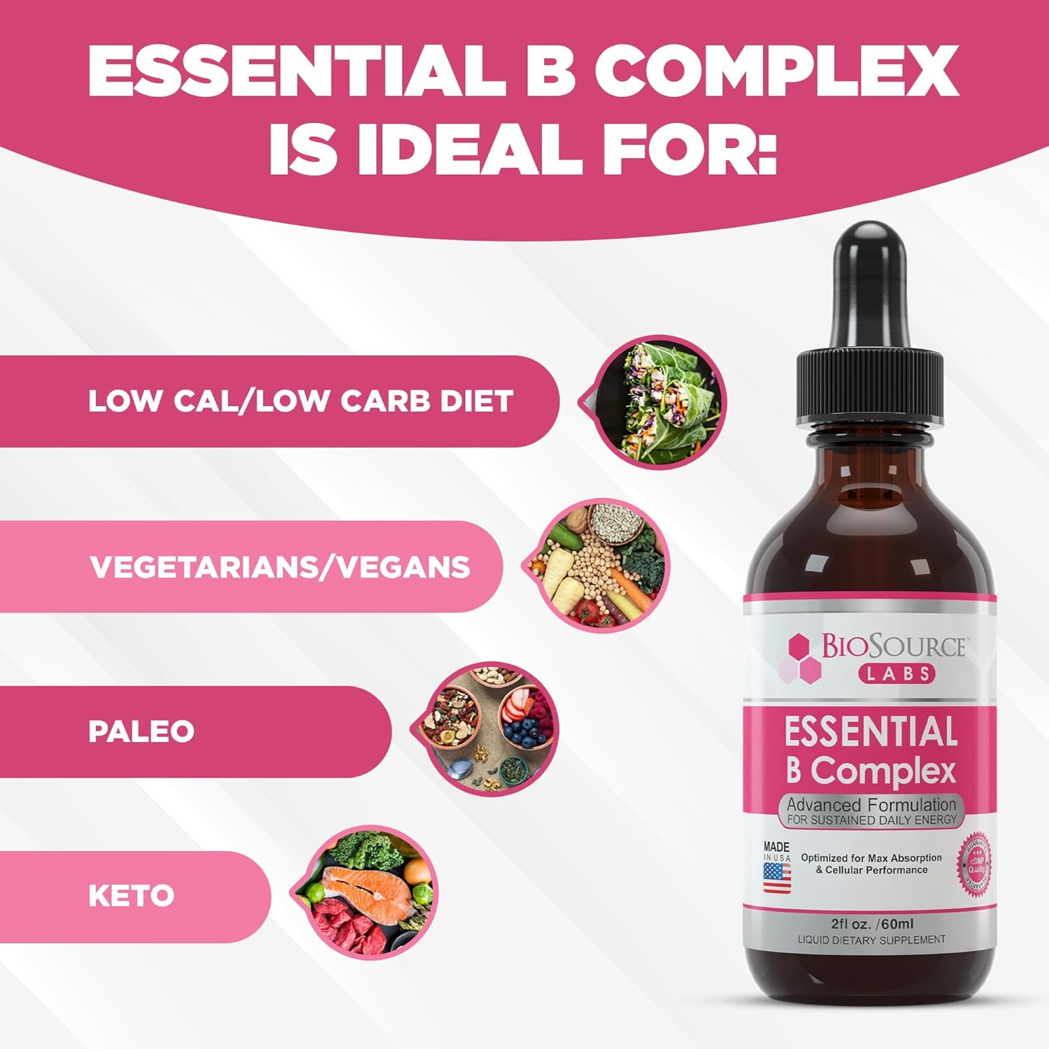 60-Day Supply of BioSource Labs Essential B Complex Sublingual Liquid Drops with Methyl B12, Vegan Vitamin B-Complex