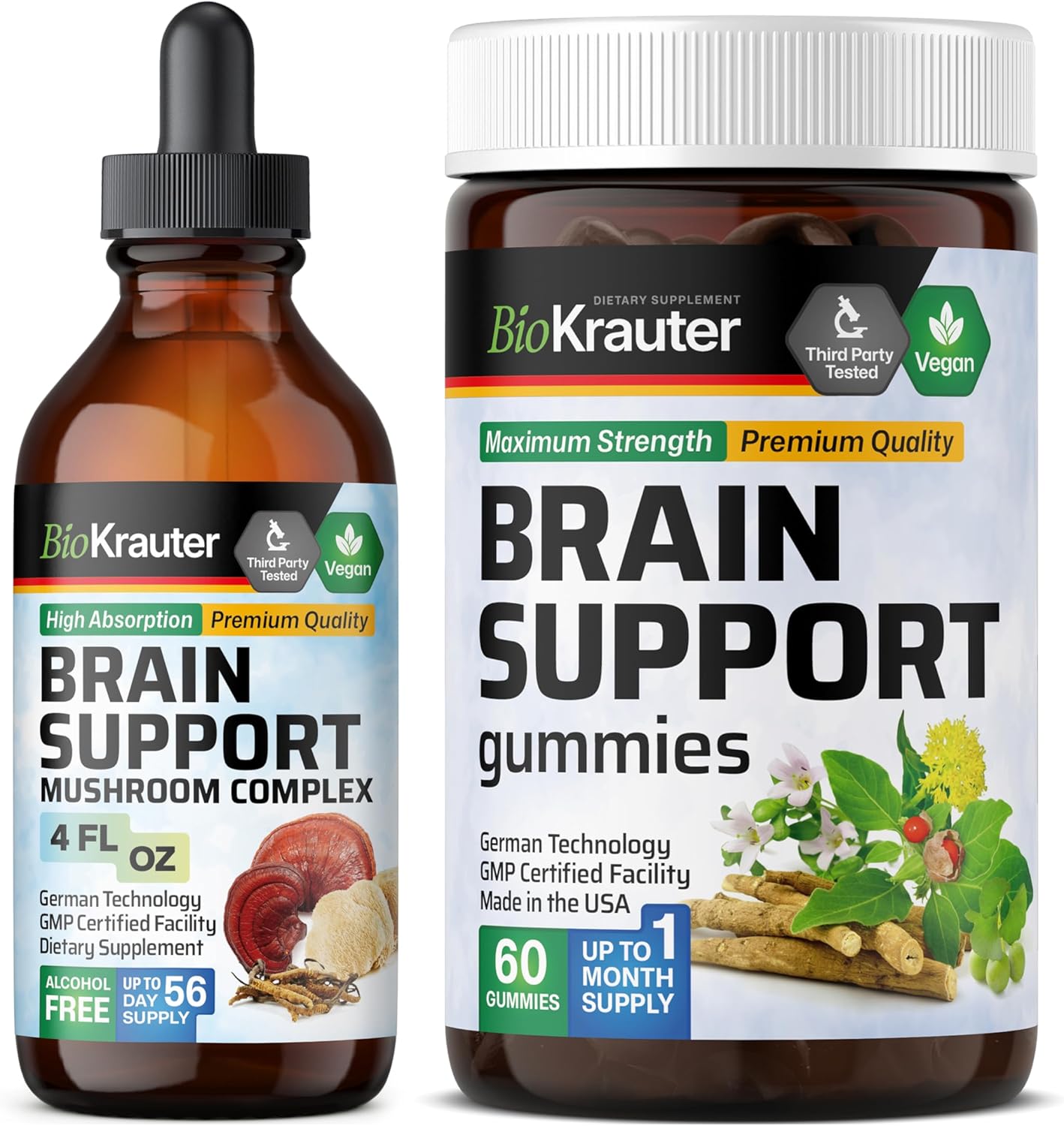 60 Gummies & 4 Fl. Oz. Mushroom Tincture for Brain Support - BIO KRAUTER