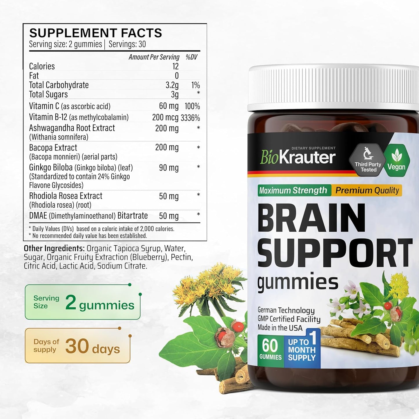 60 Gummies & 4 Fl. Oz. Mushroom Tincture for Brain Support - BIO KRAUTER
